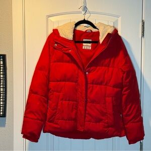 Abercrombie & Fitch Red Puffer Jacket with Sherpa Hood, Size Medium